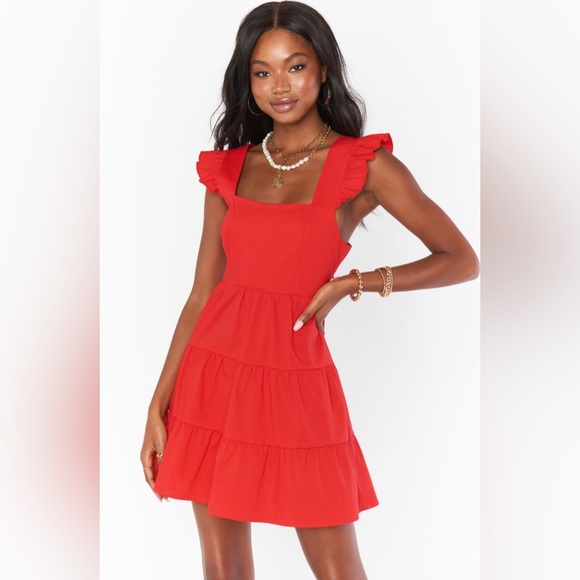 Show Me Your MuMu Lovely Mini Dress Red Poplin Ruffle Straps Tie Back - Picture 1 of 4